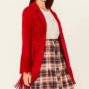 (Medium) POWDER RIVER OUTFITTERS WOMEN'S SUEDE FRINGE SNAP JACKET RED